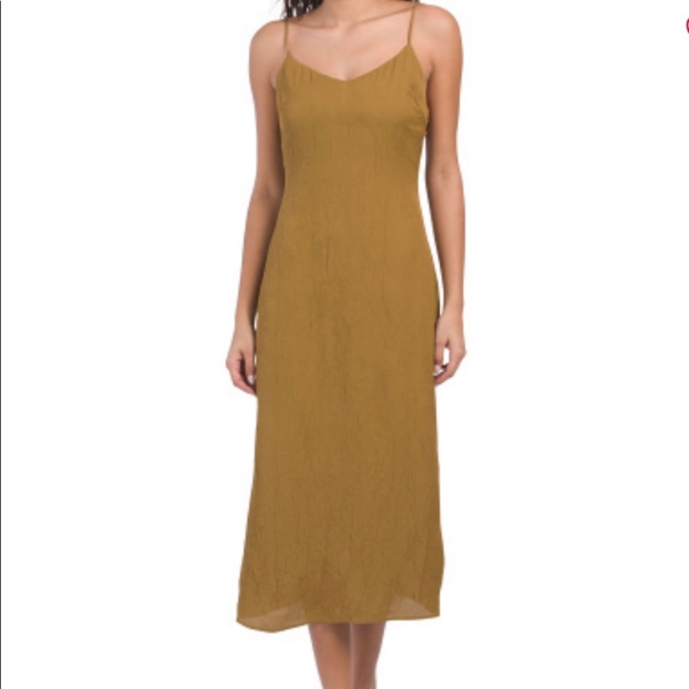 Zara Slit Dress Womens Medium Satin Wrinkle Look Adjustable Straps V-Neck Midi